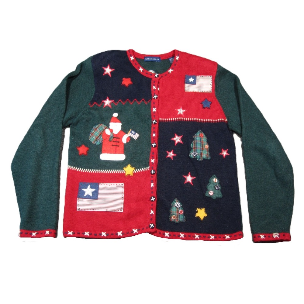 Karen Scott Cardigan Women S‎ Red Green Patchwork Santa Ugly Christmas Patriotic